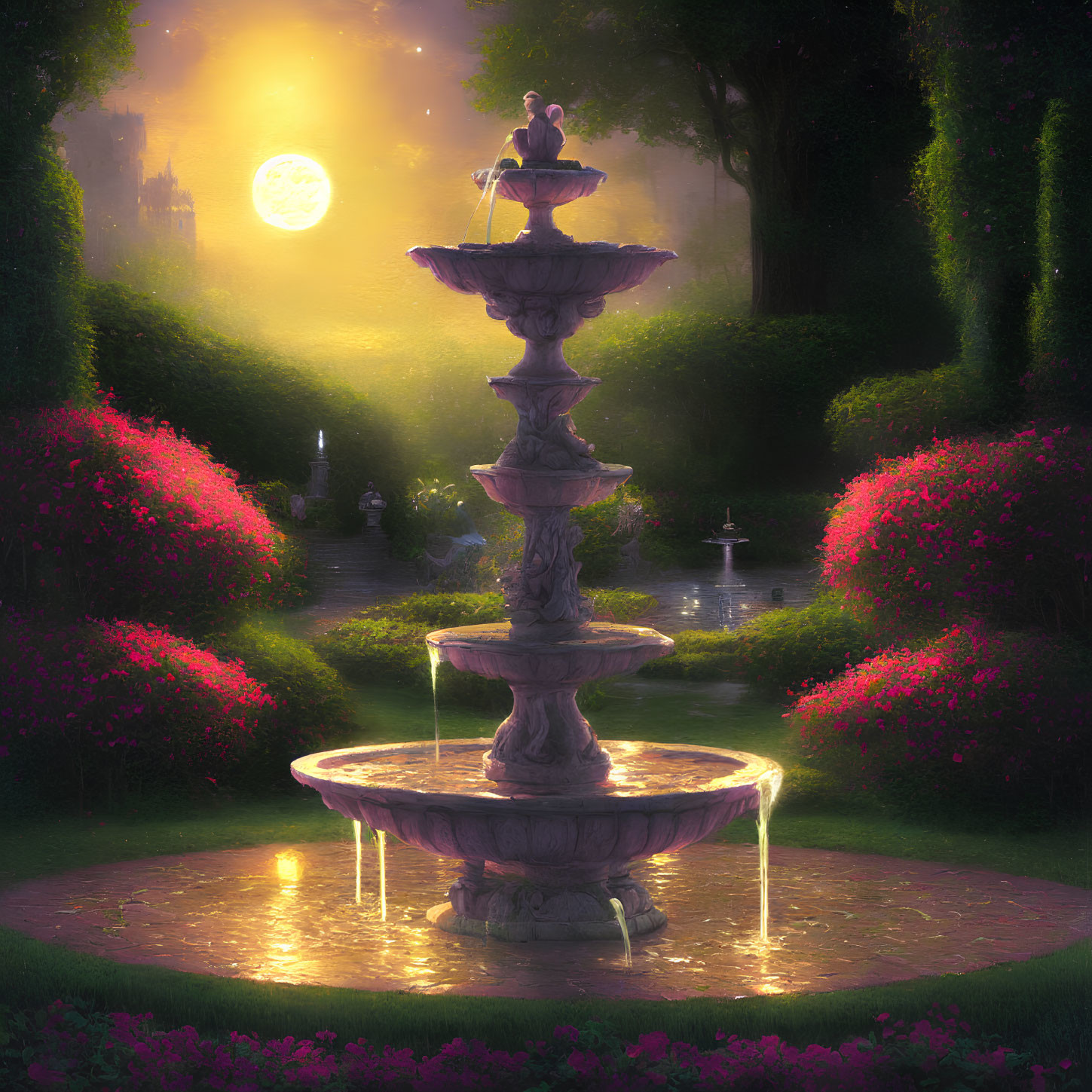 Enchanting dusk garden with glowing fountain, pink blooms, greenery, and fairytale castle