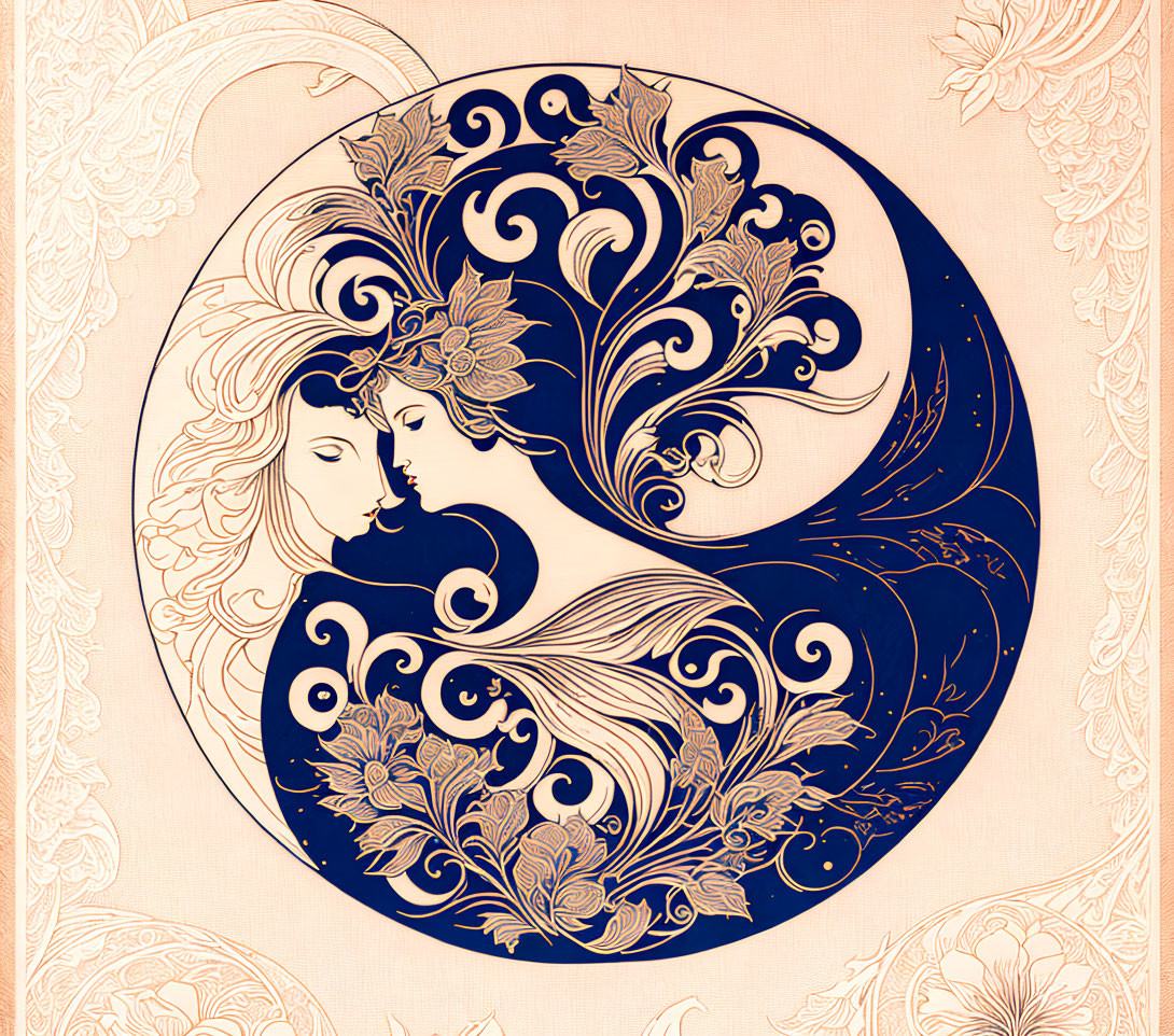 Art Nouveau Style Illustration: Merging Profiles & Floral Motifs in Blue and Beige