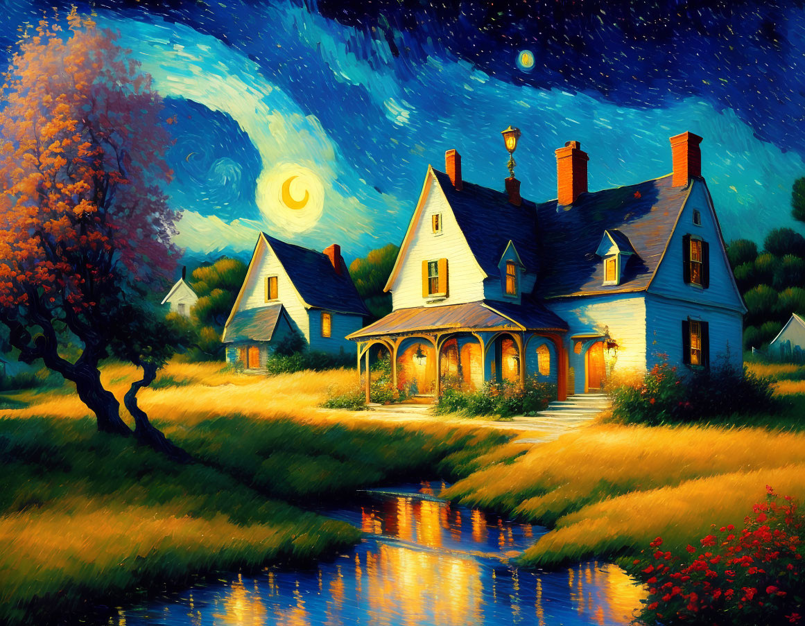 Twilight painting of quaint house by stream under starry sky