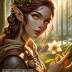 Elf with Pointy Ears Holding White Flower in Forest with Sunlight