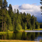 Tranquil Lake with Pine Trees and Clouds Reflections at Dusk