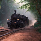 Vintage black steam locomotive "Titan" travels through misty forest on tracks