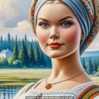 Detailed Illustration: Woman with Bright Eyes & Blue Headband in Mountain Landscape