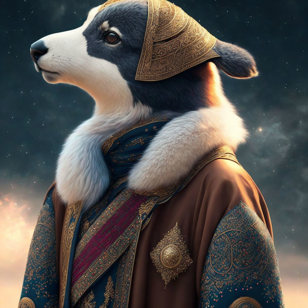 Anthropomorphic dog in historical attire with golden headdress and ornate robe on starry background