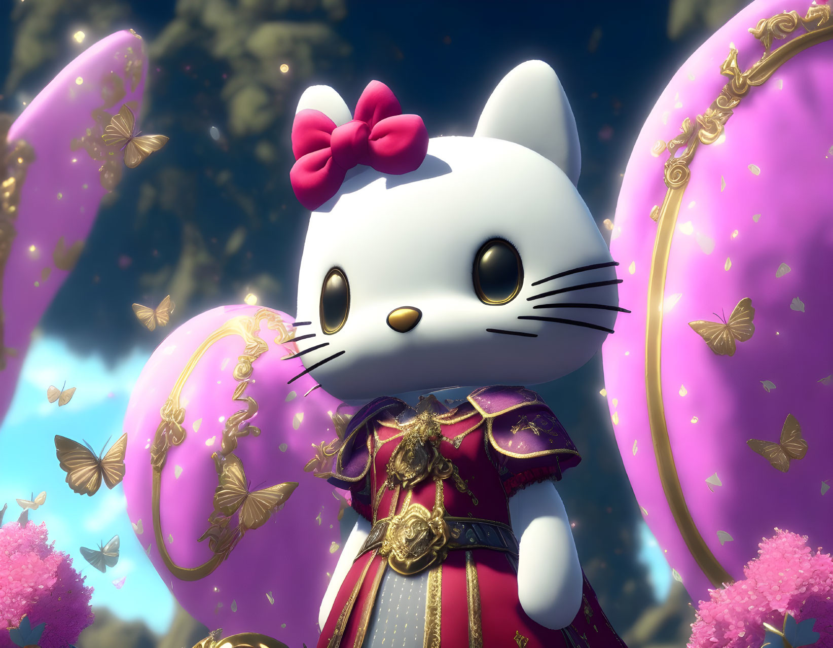 3D illustration of Hello Kitty in red and gold royal attire among flowers, butterflies, and decorative eggs