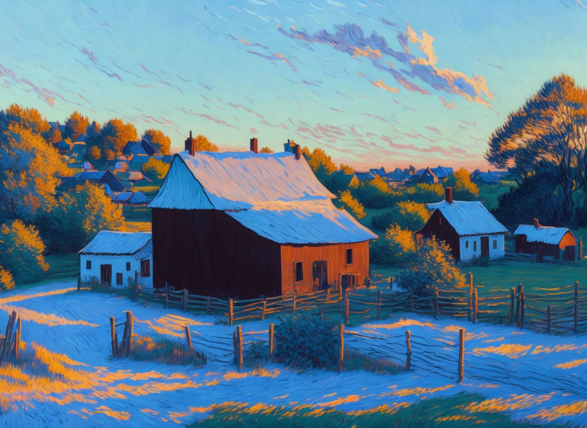 Rustic countryside painting at golden hour