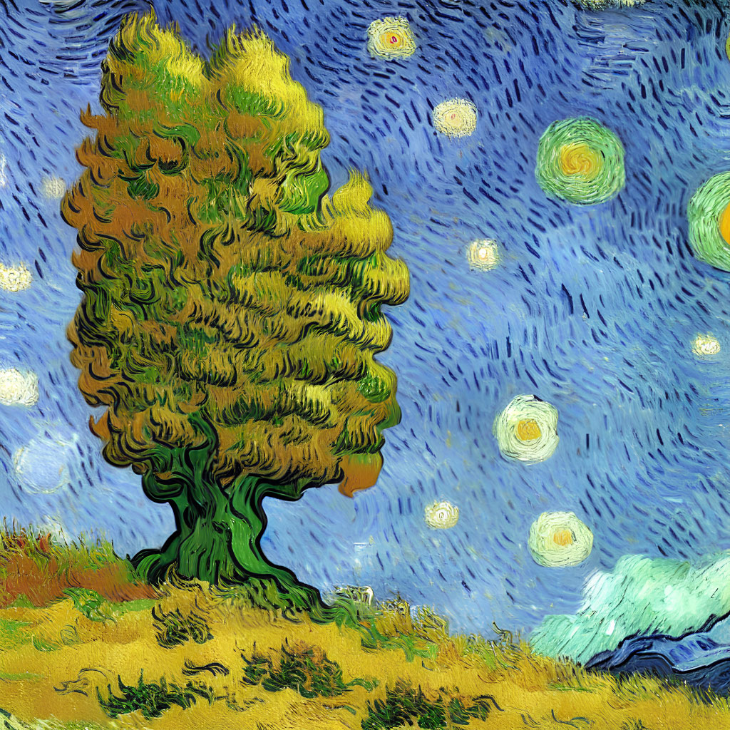 Impressionist painting of yellow cypress tree under starry night sky