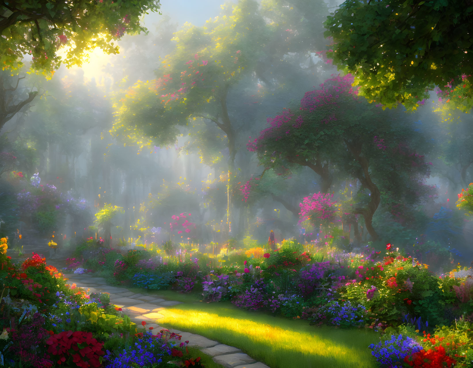 Lush garden with blooming flowers and trees in sunlight