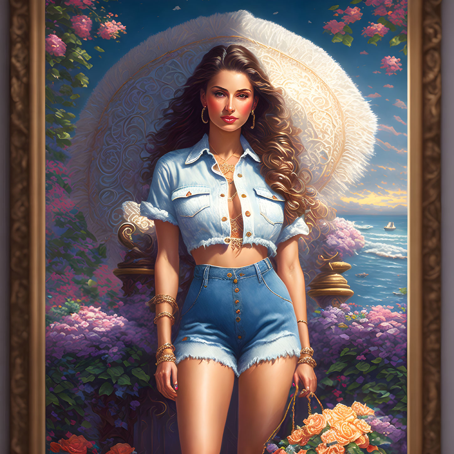 Stylized portrait of woman in denim outfit with flowers basket, seascape and floral background.