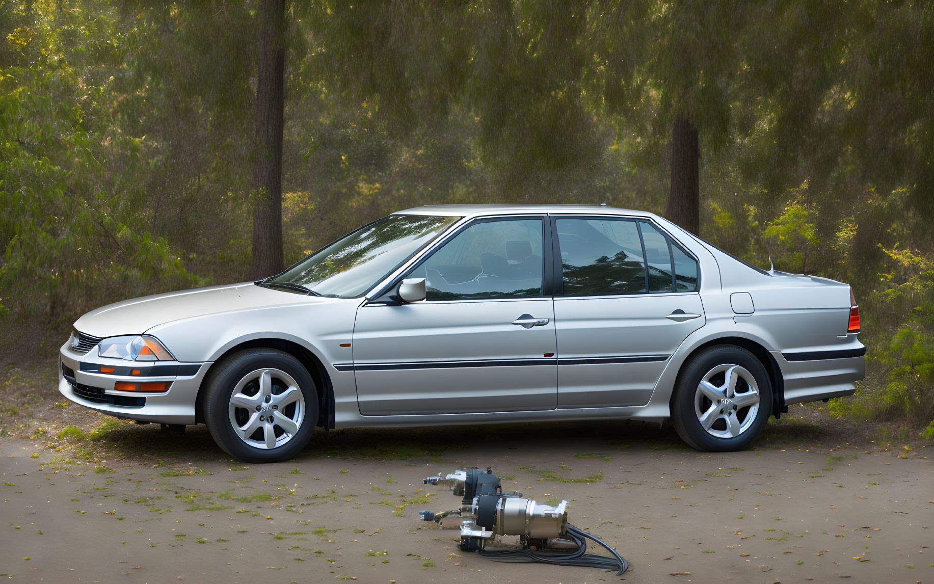 Silver Sedan Parked on Gravel Road with Trees and Car Part Displayed