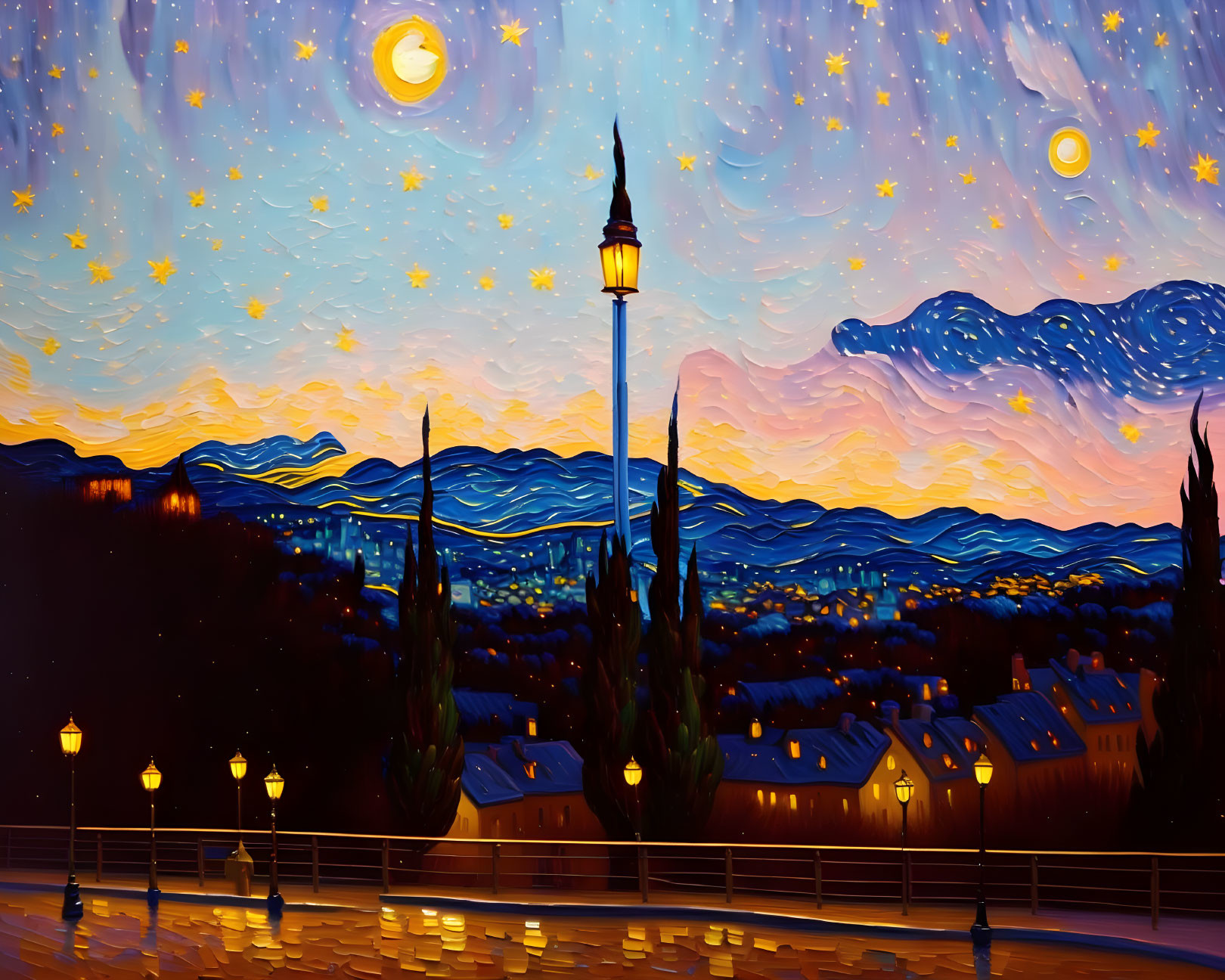 Starry night sky over lamplit promenade with silhouetted figures