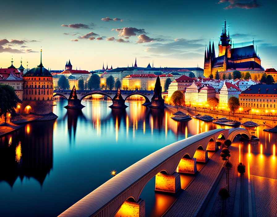 Historical buildings reflecting in Vltava River at Twilight