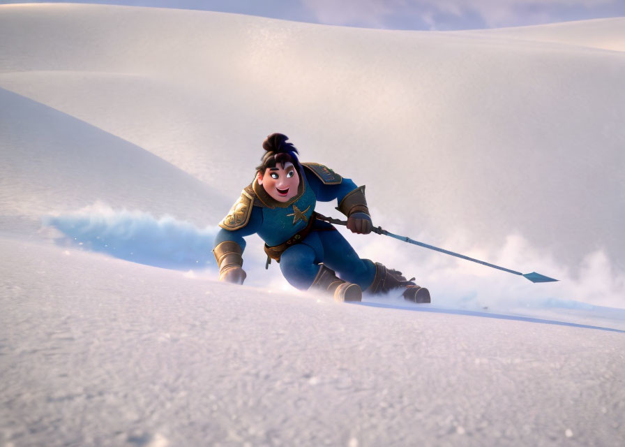 Animated character sliding down snowy slope with shield and spear