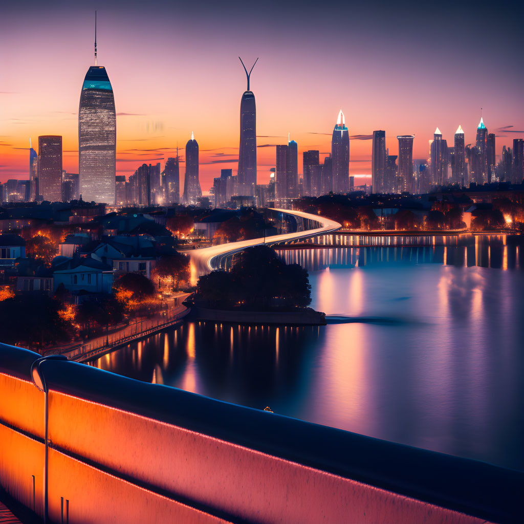 Modern city skyline at tranquil sunset with reflective skyscrapers, river, and illuminated bridge.