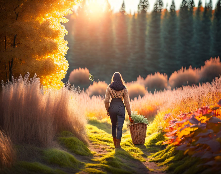 Person walking on forest path with autumn foliage and sun rays.