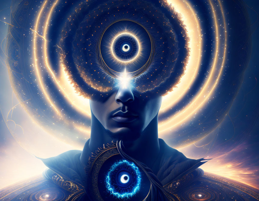 Surreal illustration of person with glowing eyes and cosmic galaxy motif