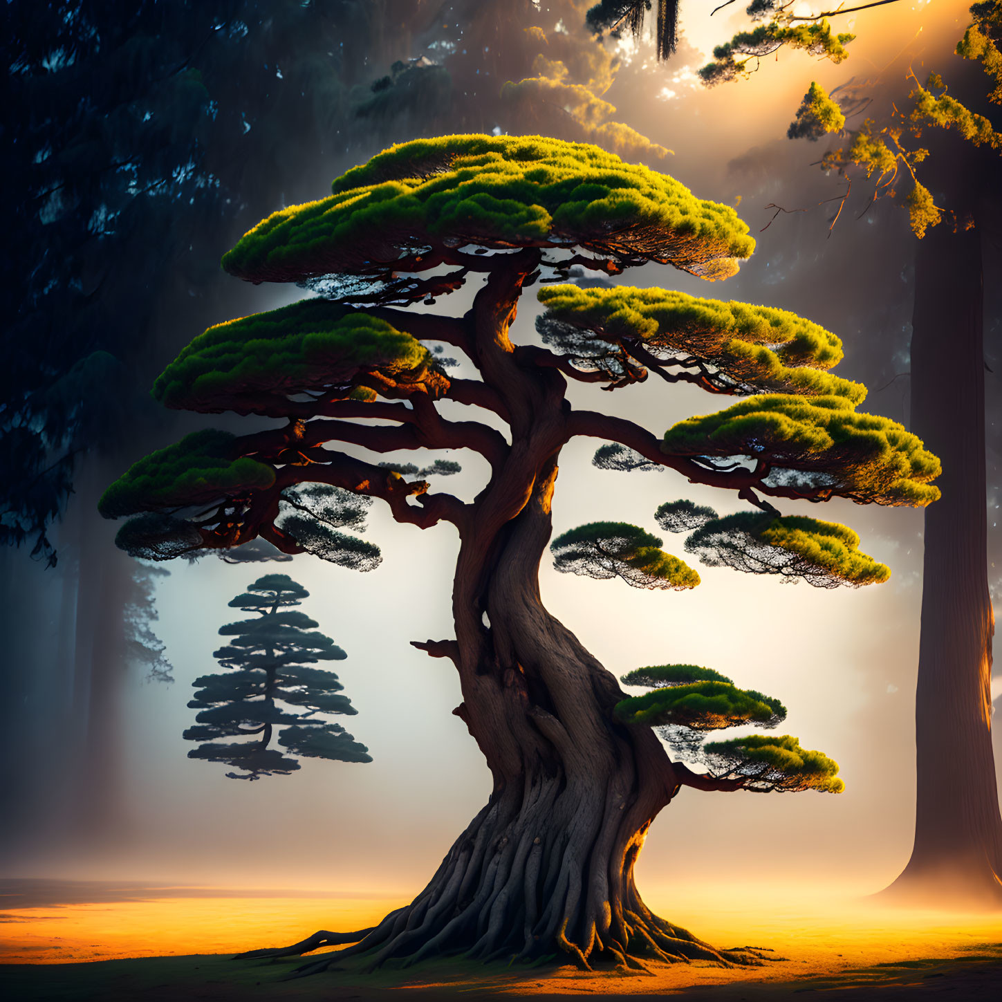 Majestic broad tree in mystical forest with golden sunlight.