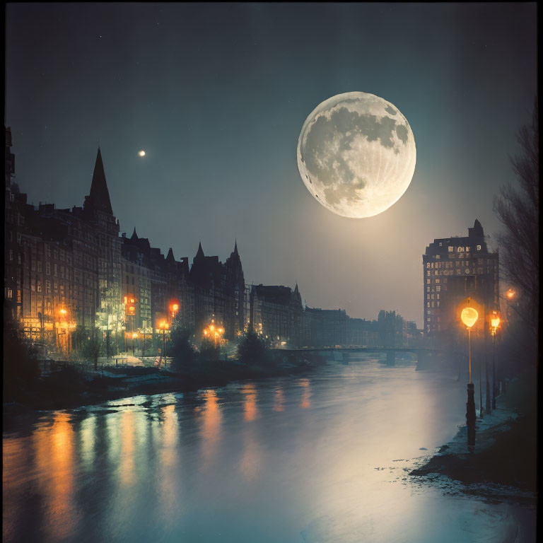 Historic riverside cityscape at night with full moon, reflecting streetlights.