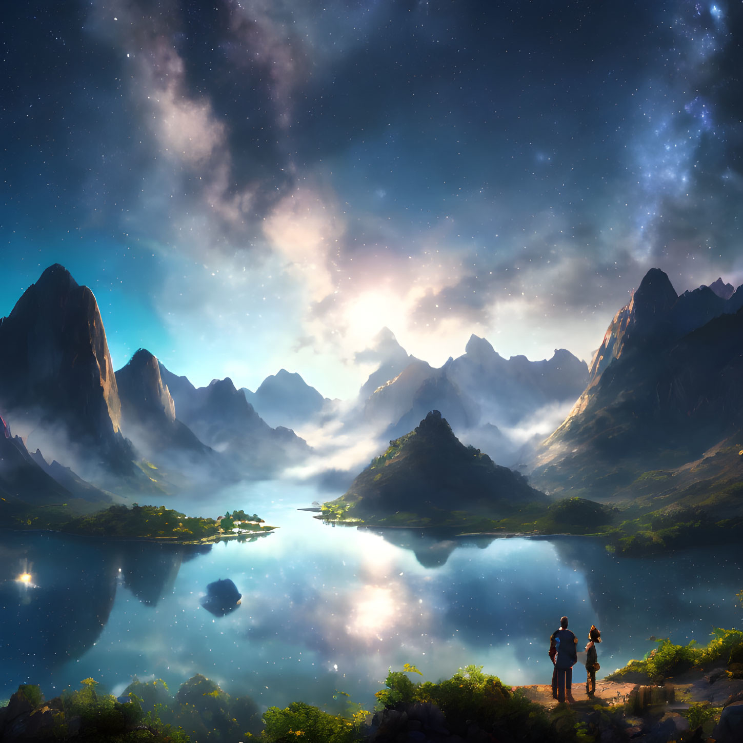 Serene lake with two people, mountains, starry sky, and sunrise/sunset