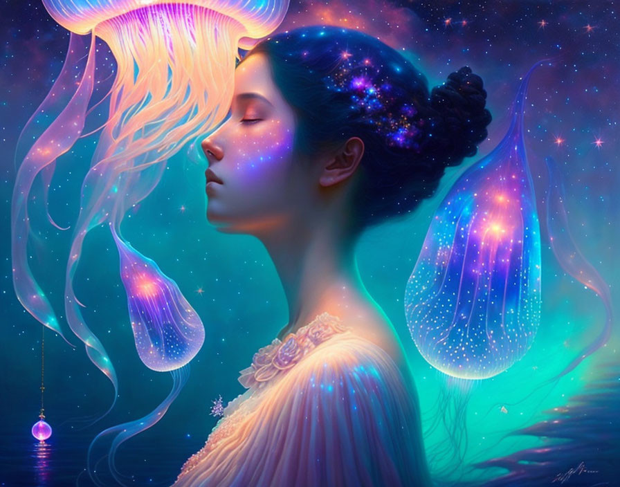 Surreal illustration: Woman with galaxy hair and glowing jellyfish in starry deep-sea.