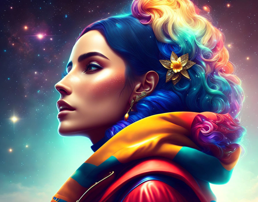 Colorful digital artwork: Woman with multicolored hair and blue skin in cosmic scene