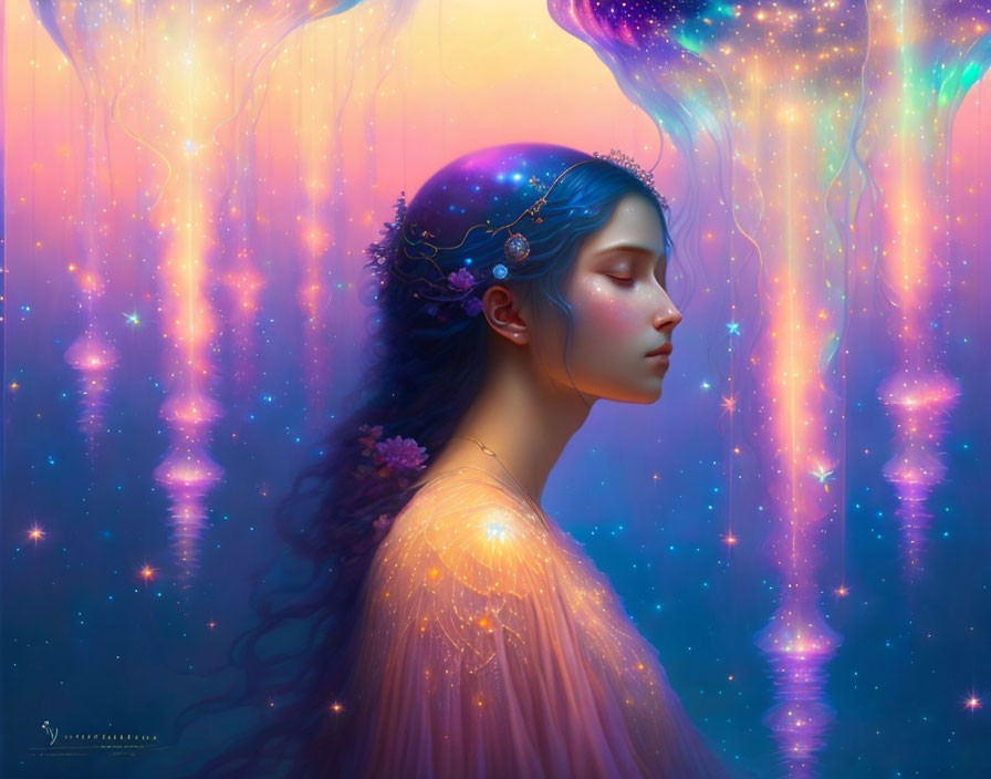 Jewel-toned hair woman in ethereal, starlit setting