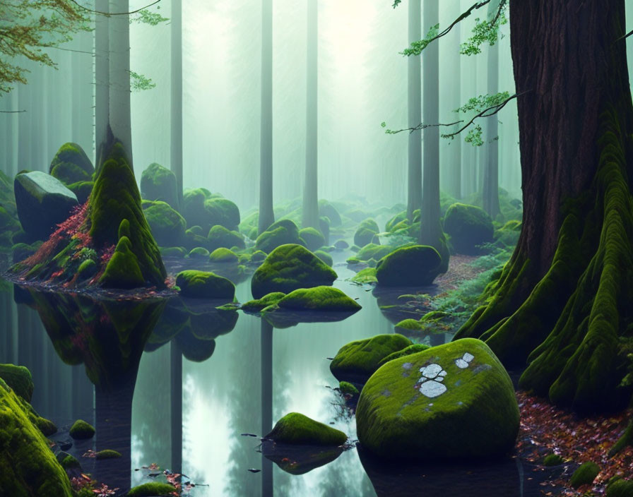 Tranquil forest scene with tall trees, reflecting water, sunlight, and moss-covered rocks