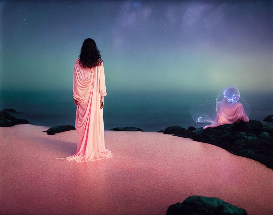 Pink-gowned person gazes at glowing figure on beach at twilight