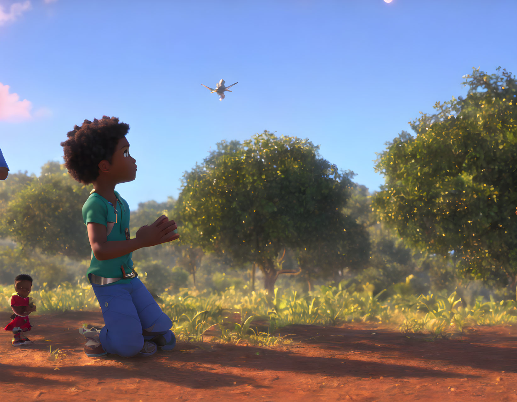 Curly-Haired Boy Watches Drone with Toddler in Background