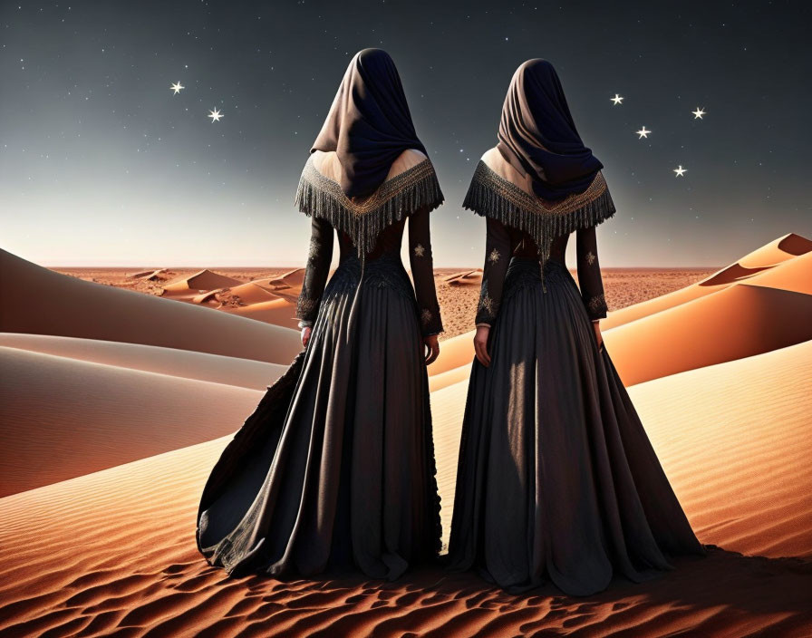 Two People in Dark Dresses Facing Desert Landscape at Twilight