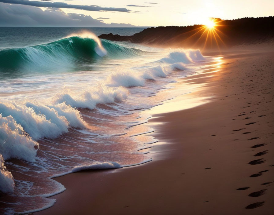 Tranquil Beach Sunset with Foamy Waves and Footprints