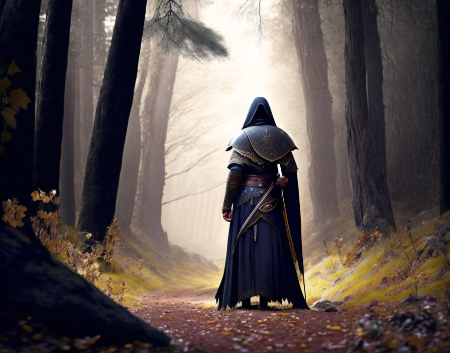 Medieval armored figure in cloak on foggy forest path.