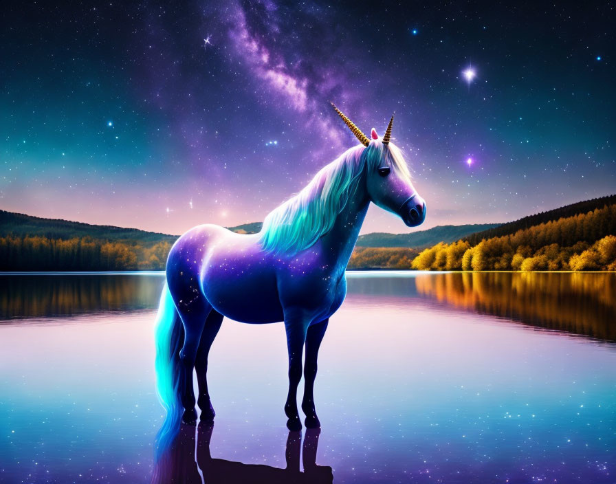 Colorful Unicorn with Galaxy Pattern by Lake at Night