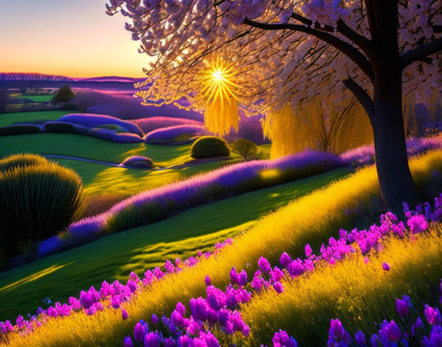 Vibrant lavender field at sunset with blooming tree