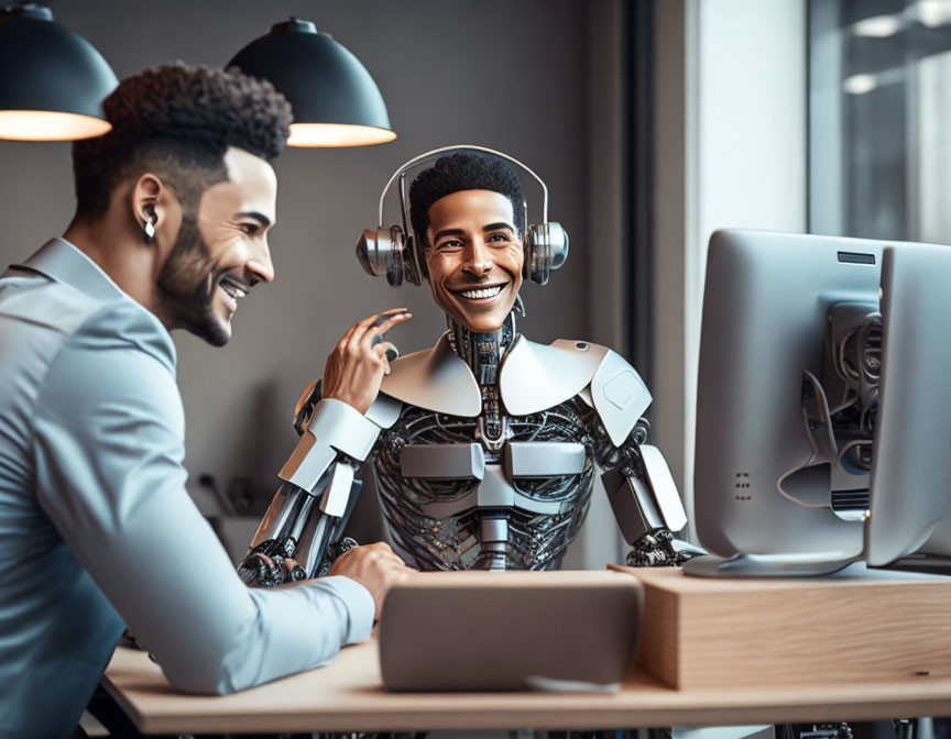 Man smiling with headphones and humanoid robot at modern office workstation