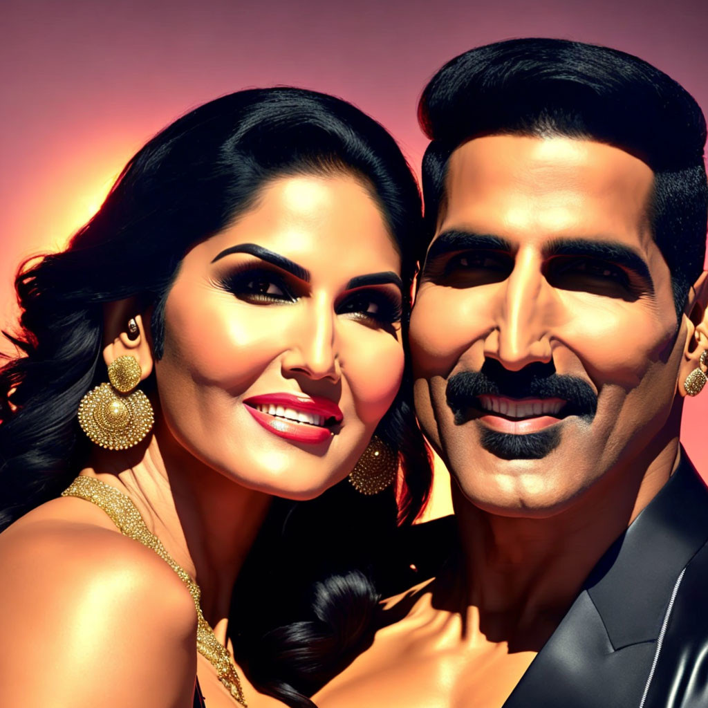 Vibrant digital illustration of smiling man and woman in glamorous pose