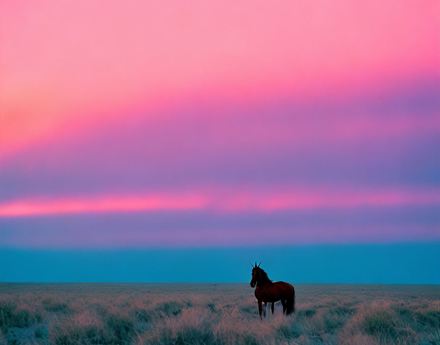 Solitary horse in field under vibrant pink and blue twilight sky