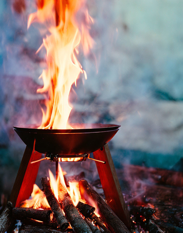 Cooking pot on tripod over crackling wood fire with flames and smoke