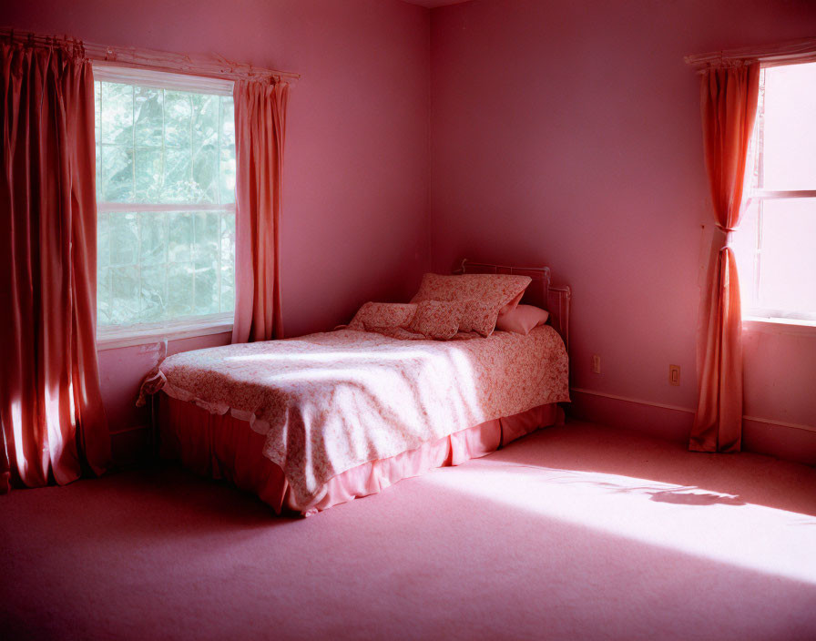 Pink-themed Bedroom with Two Windows and Floral Bedding