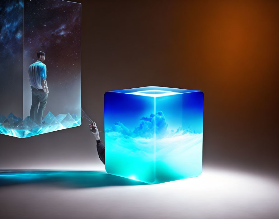 Surreal cosmic portal with man and glowing cube artwork