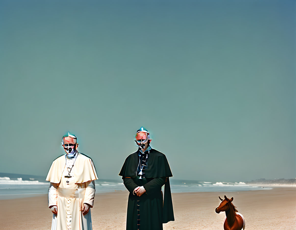 Religious attire individuals with animal masks on beach with wooden horse sculpture