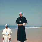 Religious attire individuals with animal masks on beach with wooden horse sculpture