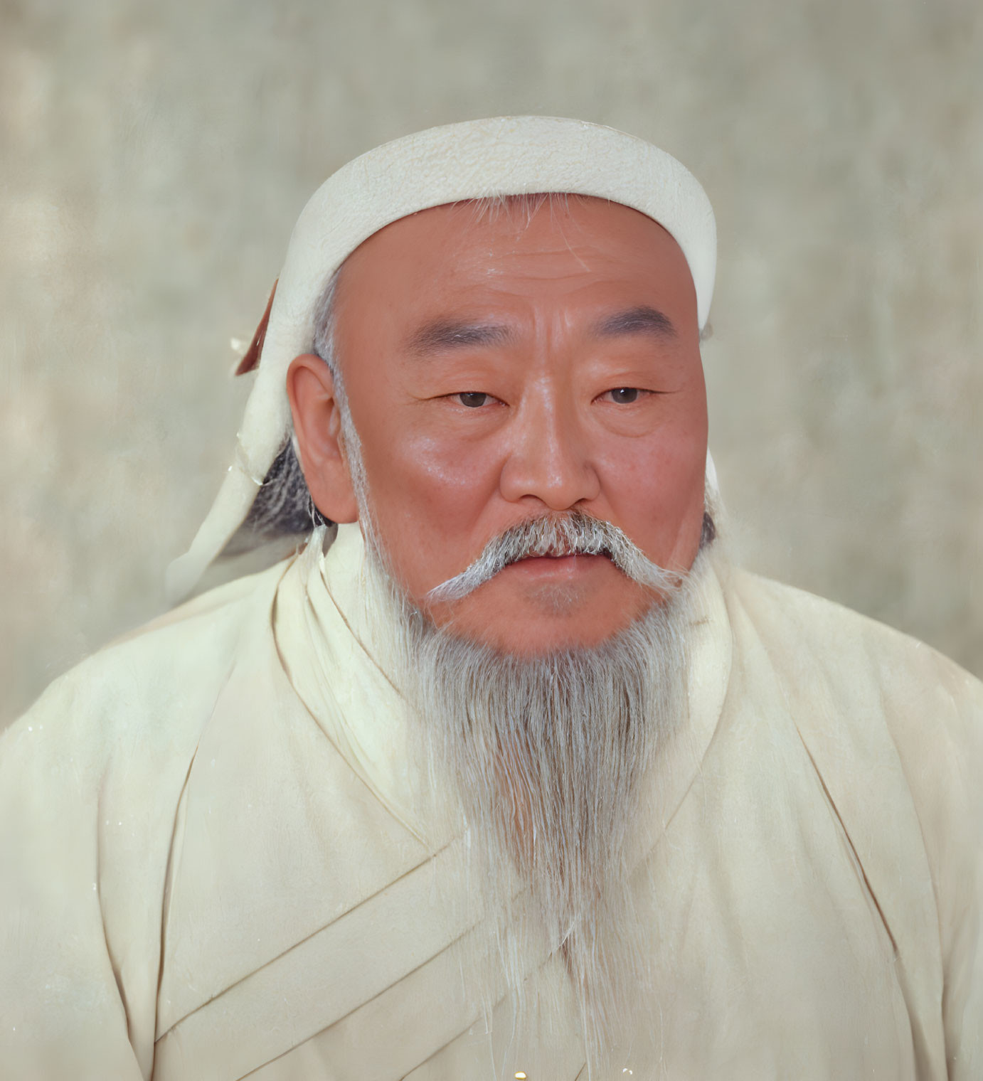 Man with Long White Beard in Traditional Attire on Beige Background