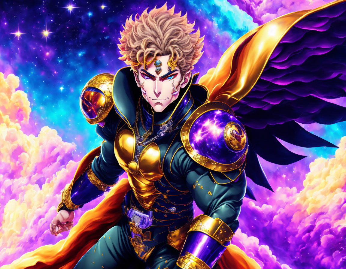 Golden-armored animated character in cosmic setting