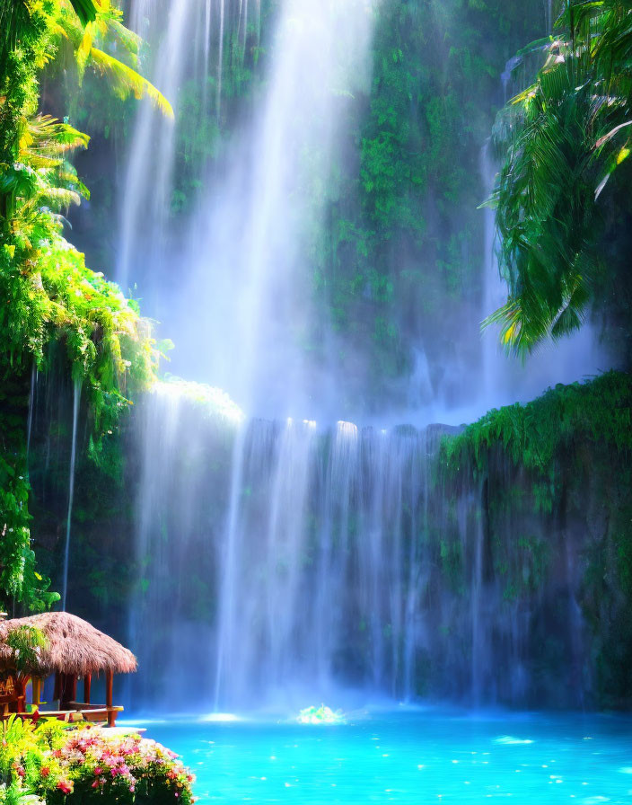 Tropical waterfall with sunlight, green foliage, hut, and blue pool