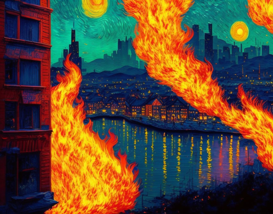 Fiery cityscape night scene with swirling flames and starry sky