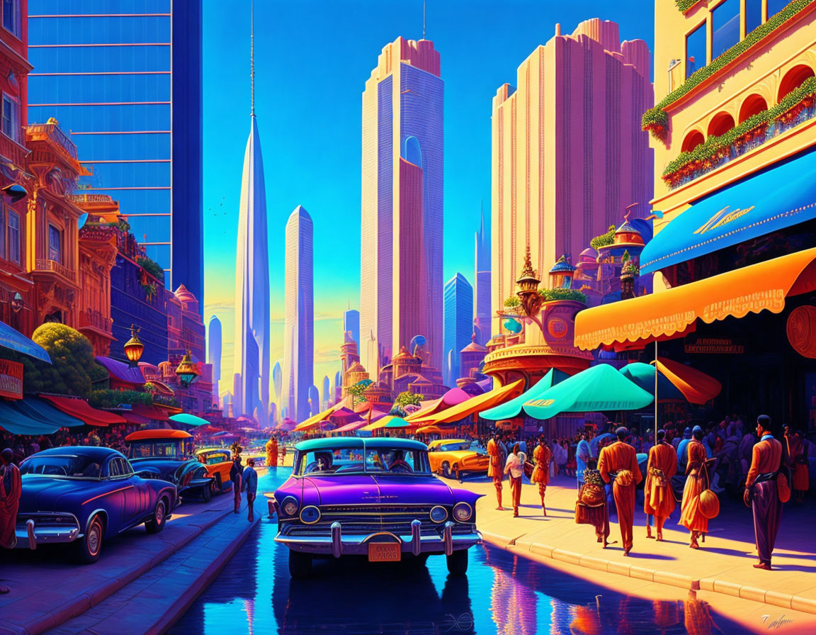 Colorful street scene with retro cars, futuristic skyscrapers, pedestrians, and market stalls