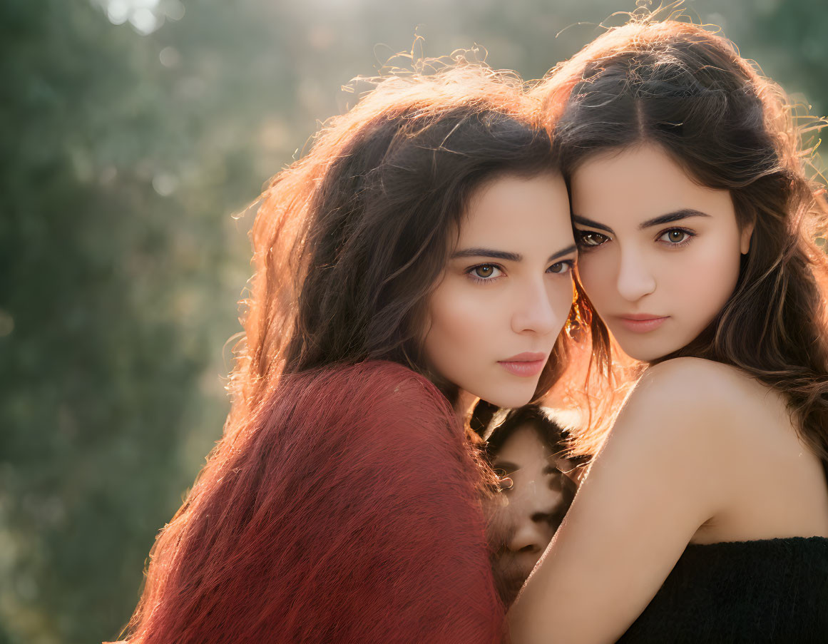 Intimate portrait of two women with dark hair in red garment outdoors