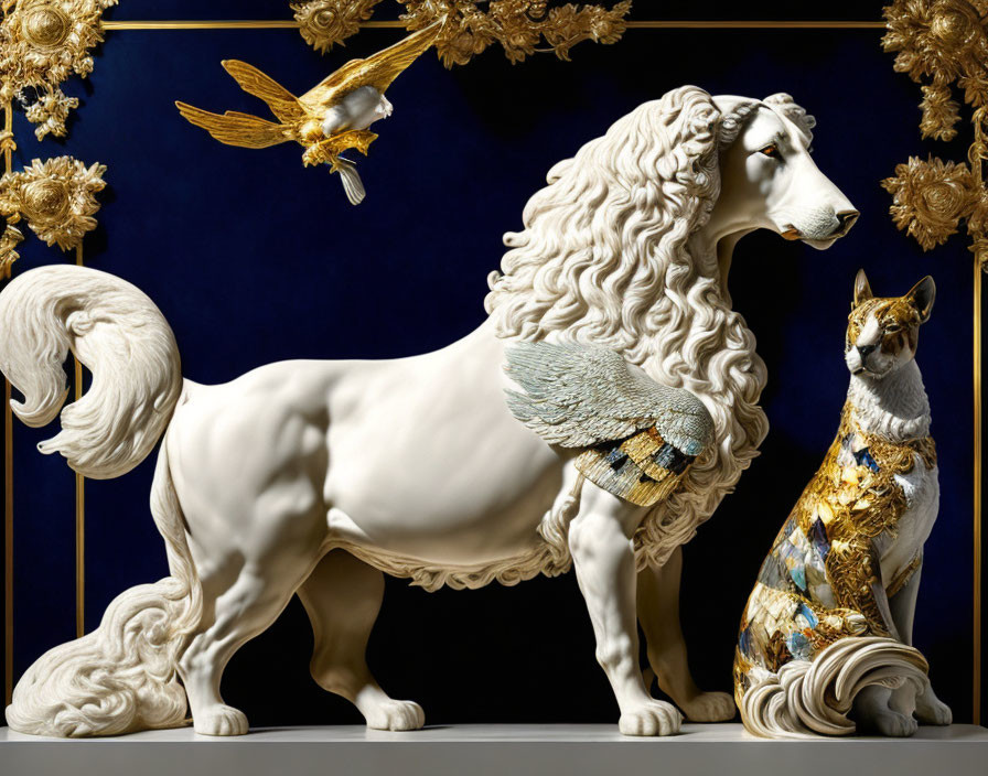 Majestic white lion with golden wings beside fashionable cat on blue backdrop