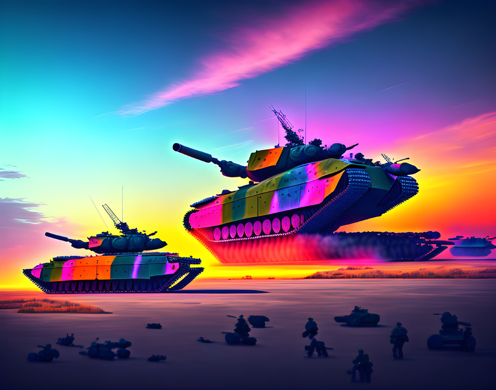 Colorful tanks and military scene in desert at sunset